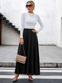 SHEIN Clasi Solid High Waist Flare Skirt - Black - View 5