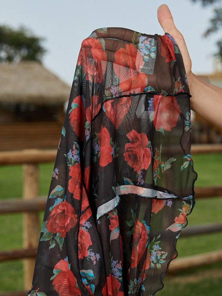 Plus Floral Print Mock Neck Mesh Top Without Bra