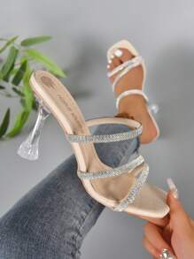 Của phụ nữ Đúng mốt Chóp giầy hình vuông , Chóp giầy mở ra , Đồ trang trí Rhinestone Dây đeo , Trong suốt Giày cao gót , Dao găm nhỏ Gót chân , Mùa hè Dép xăng đan - Màu be - Xem 2