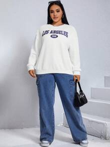 SHEIN EZwear 大碼字母圖案落肩運動衫 - 白色 - 查看 6