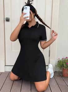 SHEIN EZwear 夏季撞色镶边高领连衣裙 - 黑色 - 查看 4