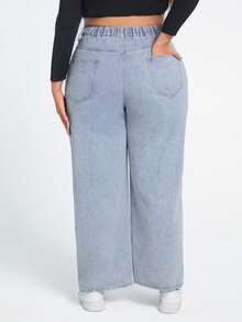 SHEIN EZwear Hơn Chất rắn quần ống rộng Quần jean - Rửa nhẹ - Xem 2