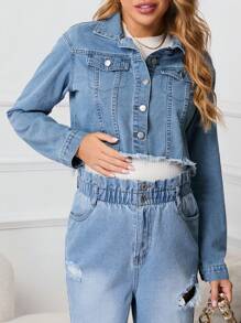 SHEIN Maternity Flap Detail Raw Hem Denim Jacket - Light Wash - View 7