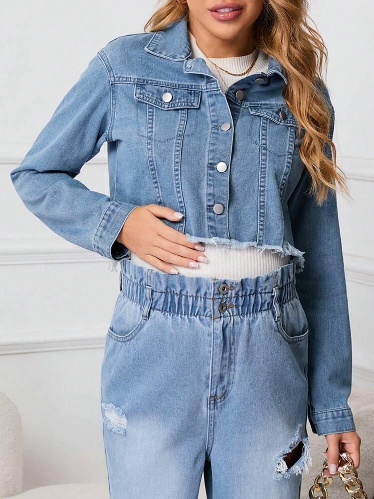 Maternity Flap Detail Raw Hem Denim Jacket