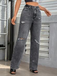 SHEIN Essnce Chất rắn Rách Quần legging thẳng - Màu xám đen - Xem 3