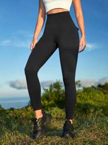 In My Nature 纯色翻盖口袋宽带腰部户外紧身裤口袋紧身裤黑色带口袋紧身裤 - 黑色 - 查看 2