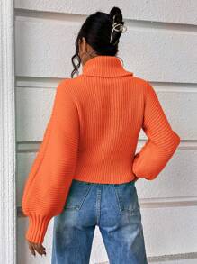 Chiquease Turtleneck Cable Knit Lantern Sleeve Sweater Knit Pullover Fall Winter Outfit - Orange - View 2