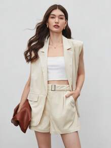 BizChic 1pc Solid Blazer Vest & 1pc Belted Shorts