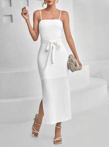 SHEIN Privé Split Thigh Belted Cami Dress - White - View 4