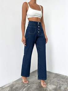 EURMUSE Button Fly Flare Leg Jeans - Dark Wash - View 5