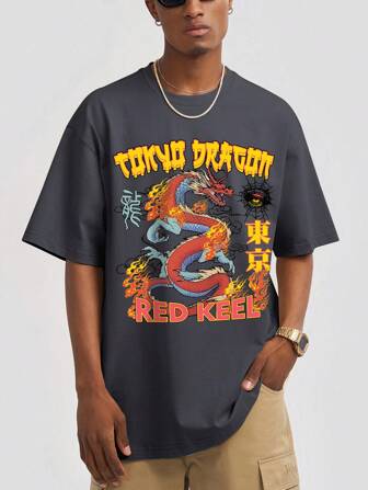 Anime Homme T-shirt Lettre & Dragon