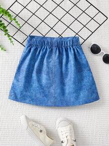 SHEIN Young Girl Pearls & Denim Effect Print Skirt