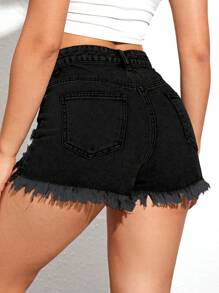 Ripped Raw Hem Denim Shorts - Black - View 2