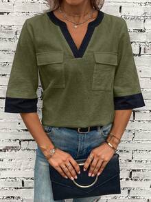 EMERY ROSE Contrast Trim Flap Pocket Blouse - Green - View 5