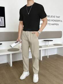 SWAVVY Men Solid Ribbed Knit Tee, Summer - Black - View 6