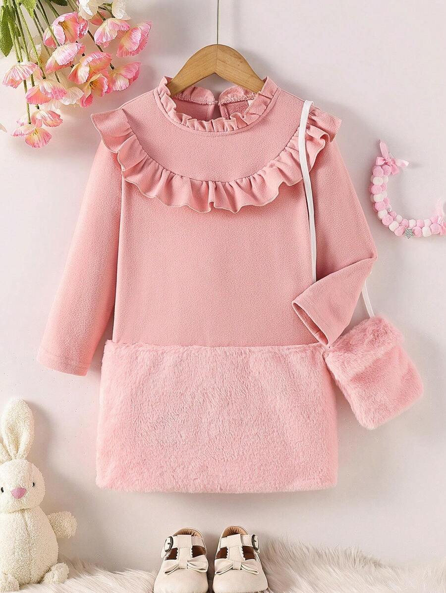 SHEIN Young Girl Ruffle Trim Dress & Bag - Pink - View 1