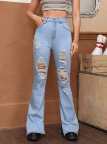 SHEIN EZwear بنطلون جينز واسع من الاسفل ممزق بحافة شق بدون حزام - أزرق فاتح - مشاهدة 3