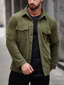 Manfinity Homme Men Flap Pocket Corduroy Shacket - Army Green - View 6