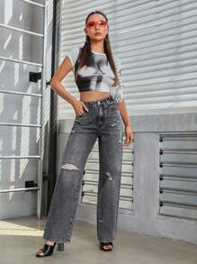 SHEIN Essnce Chất rắn Rách Quần legging thẳng - Màu xám đen - Xem 2
