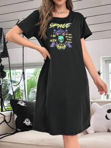 Studio Chunk 艺术家万圣节卡通和口号印花睡裙 - 黑色 - 查看 5