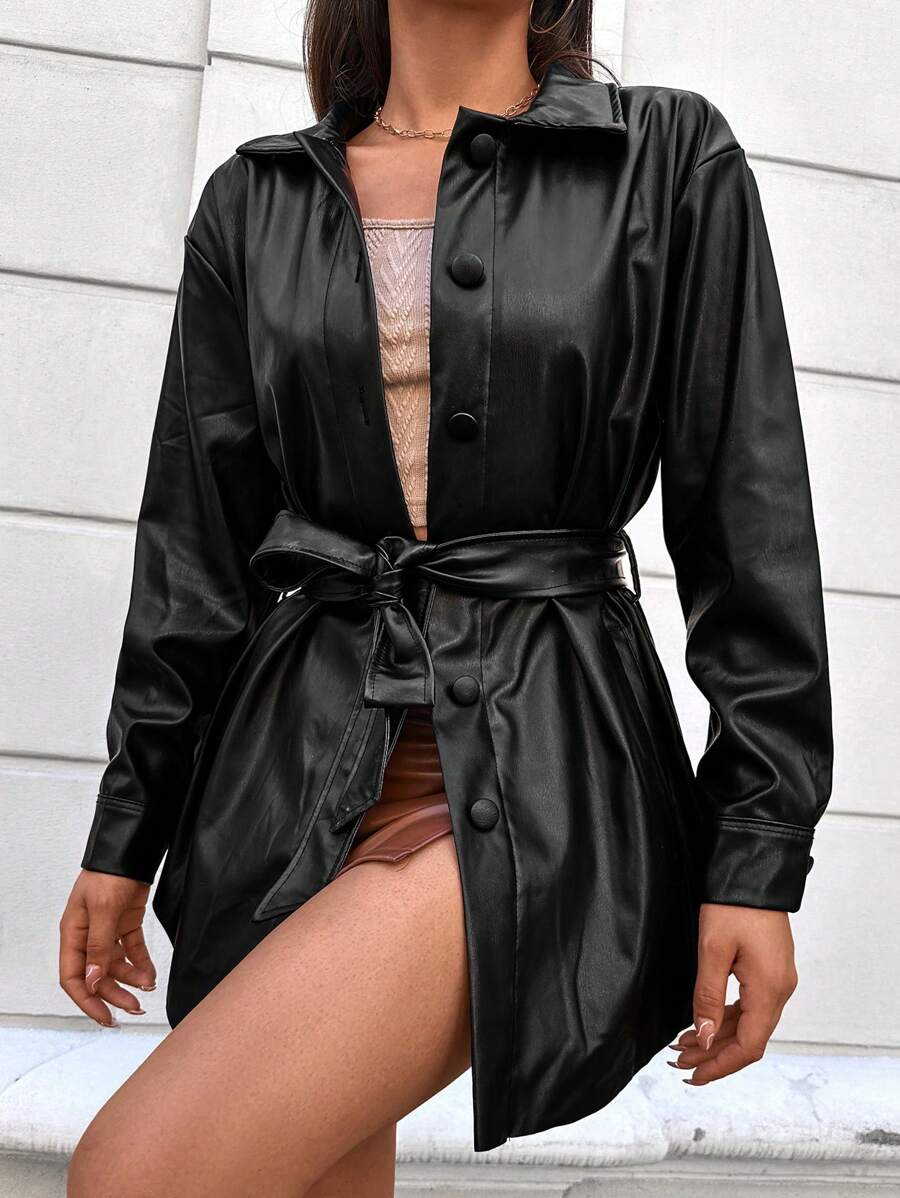 EURMUSE Drop Shoulder Belted PU Leather Coat - Black - View 1