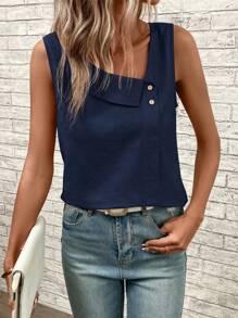 SHEIN LUNE 素色紐扣細節不對稱領無袖襯衫