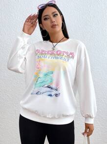 SHEIN EZwear 大碼汽車和字母圖案落肩袖運動衫 - 白色 - 查看 4