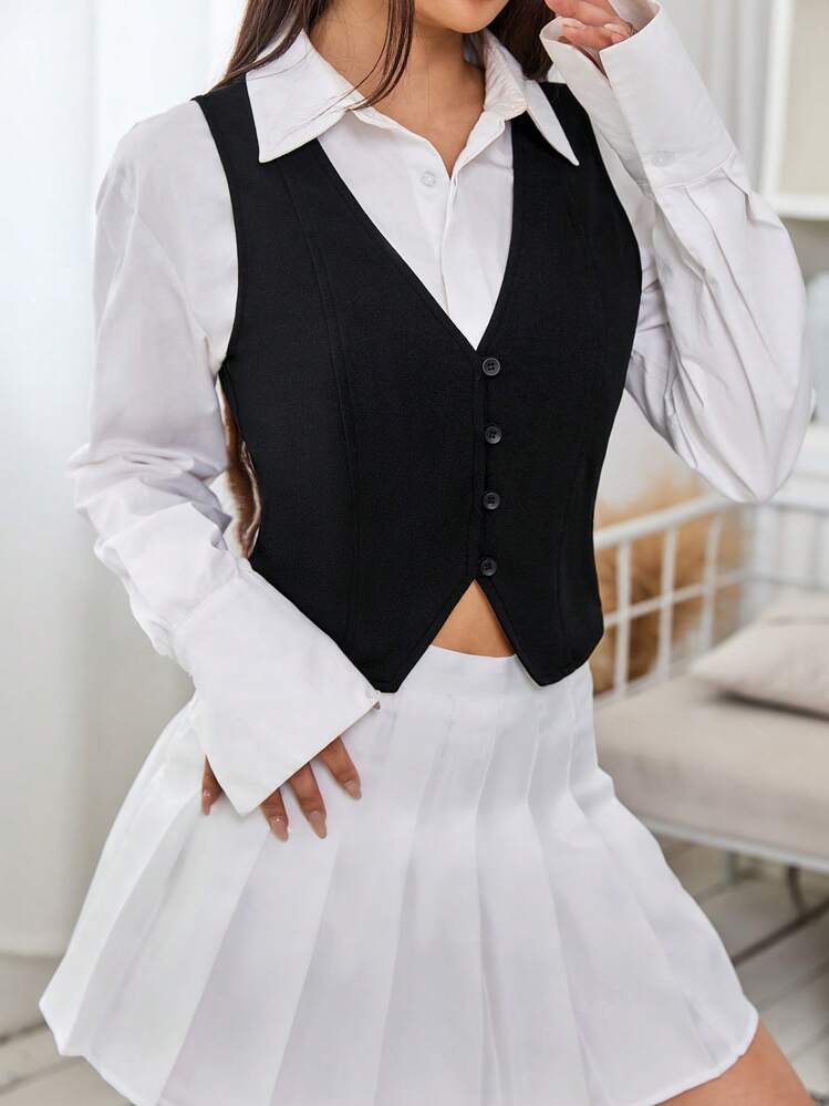 SHEIN EZwear 秋冬款纯色纽扣前开襟马甲（无上衣） - 黑色 - 查看 4