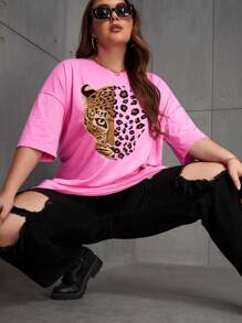 INAWLY Plus Leopard Print Drop Shoulder Tee - Pink - View 4