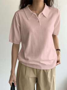 DAZY 素色Polo領針織上衣 - 藕粉色 - 查看 3