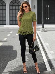 SHEIN Clasi Ren Guipure Cổ giả Áo sơ mi - màu xanh lá - Xem 2