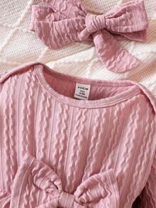 女嬰前蝴蝶結荷葉袖荷葉邊連身褲＆ 頭巾 - 粉色 - 查看 5