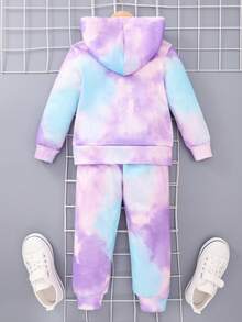 SHEIN 女小童紮染字母圖案連帽衫和運動褲 - 紫色 - 查看 2