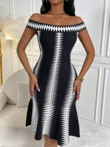 SHEIN Clasi In Địa lý Off Shoulder Đầm Áo len - Đen và trắng - Xem 4