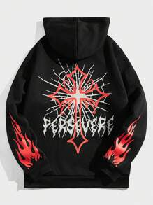 ROMWE MEN Goth 男士火和字母圖案抽繩加絨內裏連帽衫 - 黑色 - 查看 1