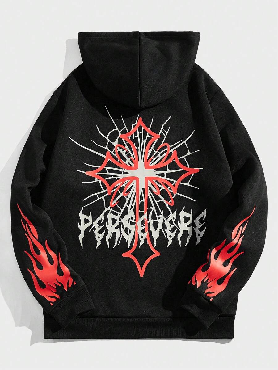 ROMWE MEN Goth 男士火和字母圖案抽繩加絨內裏連帽衫 - 黑色 - 查看 1