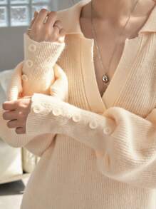 DAZY Drop Shoulder Split Hem Sweater Dress - Beige - View 2