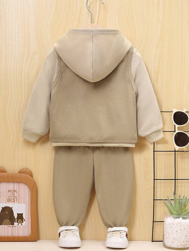 Baby Boys' Outdoor 3pcs/Set Workwear Style Vest, Hooded Sweatshirt, Elastic Waistband Pants Outfits