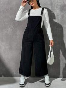 SHEIN EZwear Plus Dual Pocket Corduroy Overall Jumpsuit Without Tee - Black - View 1
