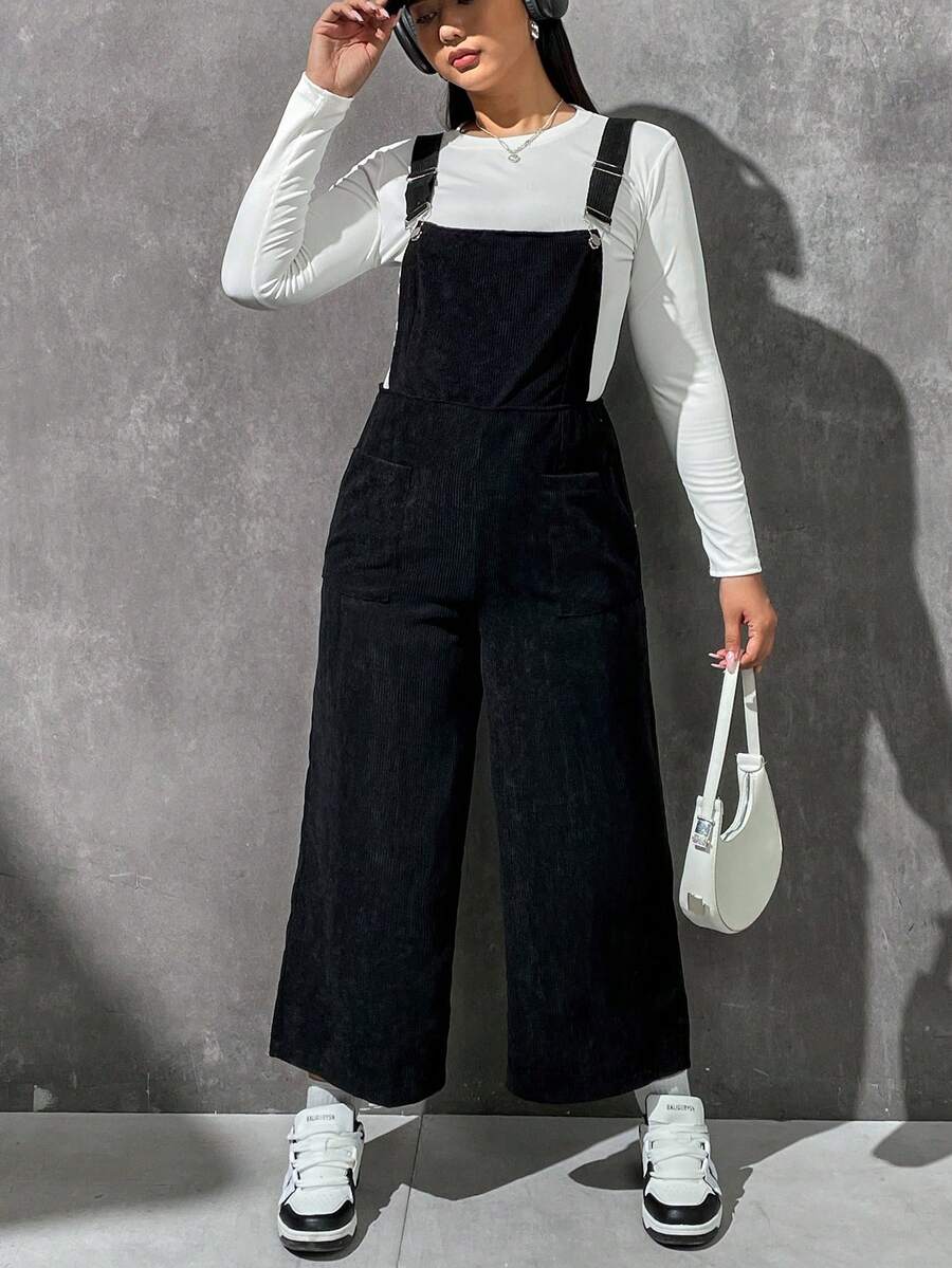 SHEIN EZwear Plus Dual Pocket Corduroy Overall Jumpsuit Without Tee - Black - View 1