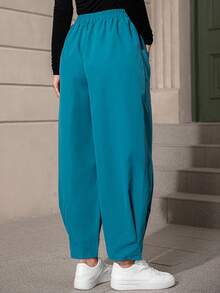 SHEIN LUNE Chất rắn Túi Kép Eo đàn hồi Quần - Màu xanh ngọc - Xem 2