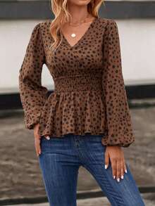 SHEIN Clasi Dalmatian Print Lantern Sleeve Peplum Blouse - Brown - View 6