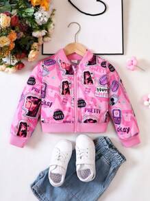 SHEIN Young Girl Figure & Letter Graphic Zip Up Bomber Jacket - Pink - View 1