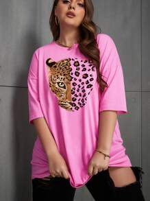 INAWLY Plus Leopard Print Drop Shoulder Tee - Pink - View 5