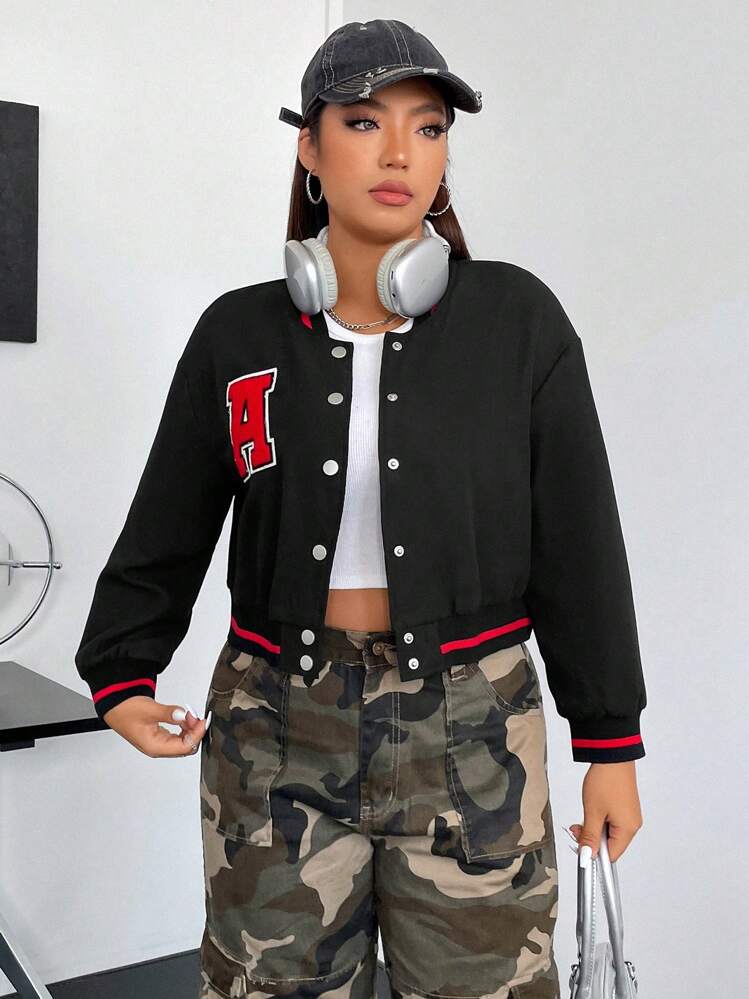 Flirla Talla grande Cazadora de universidad con parche de letra ribete de rayas - Negro - Ver 6