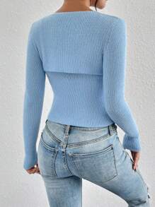 SHEIN Essnce 鏈條細節條紋針織女式緊身短套衫套頭毛衣&針織上衣 - 藍色 - 查看 2