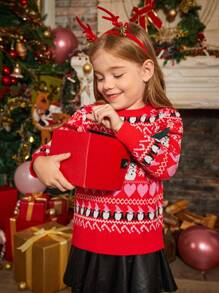 SHEIN Young Girl Christmas Pattern Sweater - Red - View 5