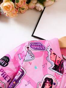 SHEIN Young Girl Figure & Letter Graphic Zip Up Bomber Jacket - Pink - View 6