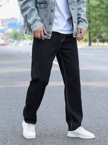 Manfinity Hypemode Nam Nghiêng Túi Chân Thẳng Quần Jean Baggy Dài Rửa Sạch Jean Tối Hàng Hóa Đen Trơn Làm Việc Phong Cách Doanh Nhân Chồng - màu đen - Xem 5