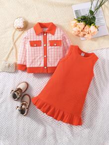 女嬰格紋印花夾克&荷葉邊洋裝 - 彩色 - 查看 1